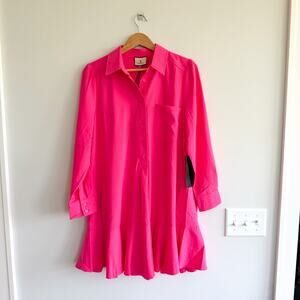 Tuckernuck Callahan Collared 3/4 Sleeve Flowy Mini Shirt Dress Hot Pink M NWT
